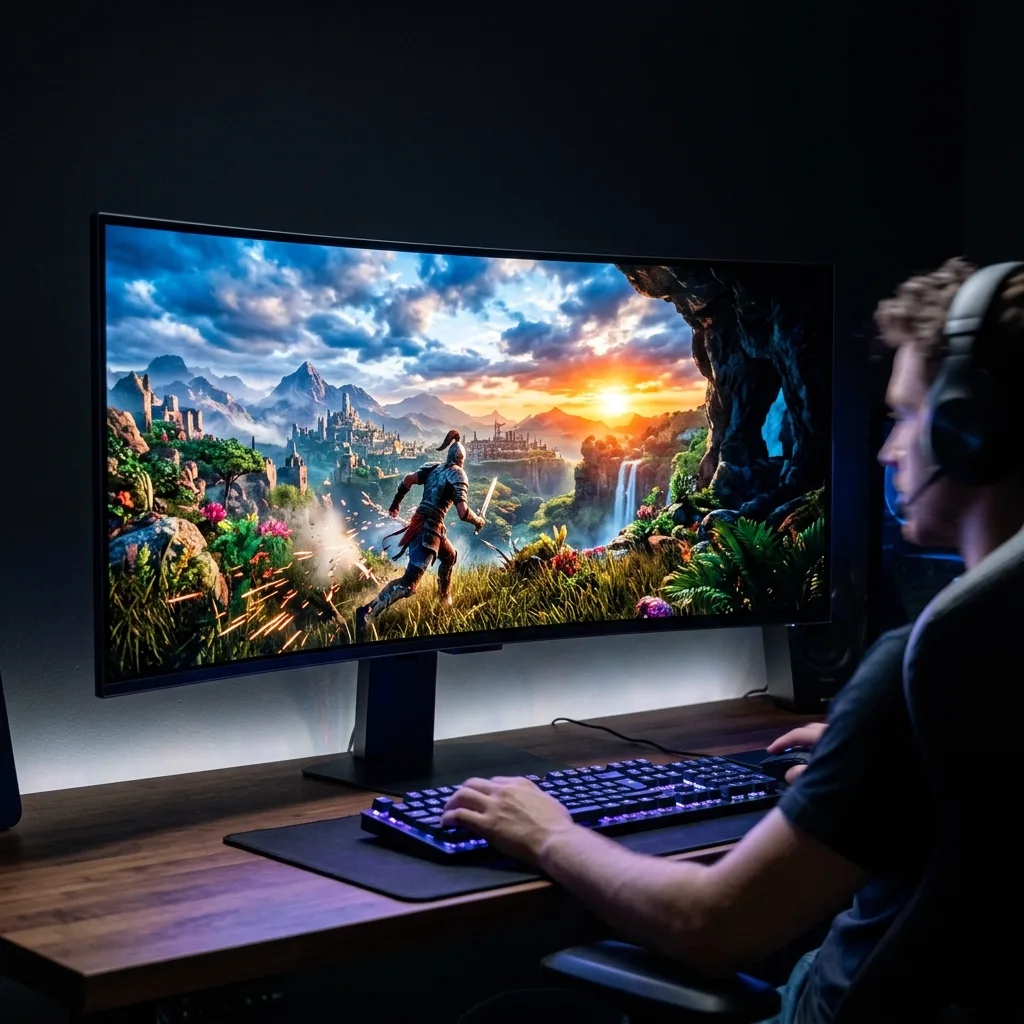 Curved QD-OLED Gaming Monitor displaying high contrast 240Hz open world game