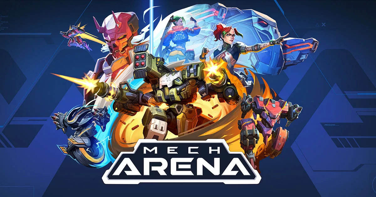 Official Mech Arena artwork featuring multiple combat mechs and pilots