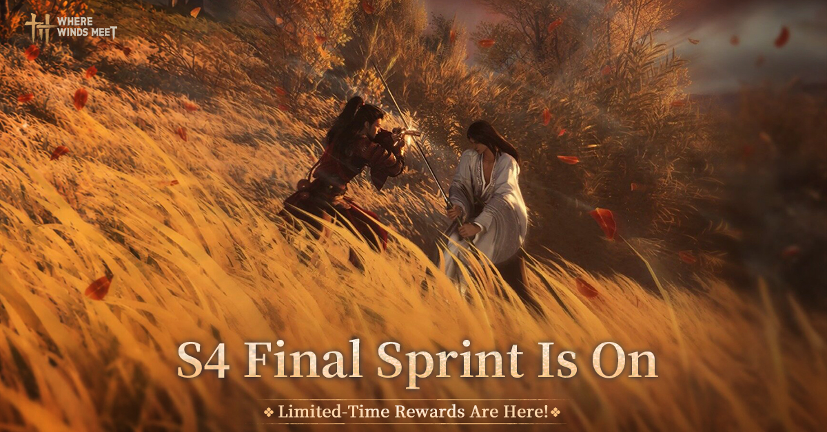 Where Winds Meet — Season 4 Final Sprint, two warriors in an autumn field